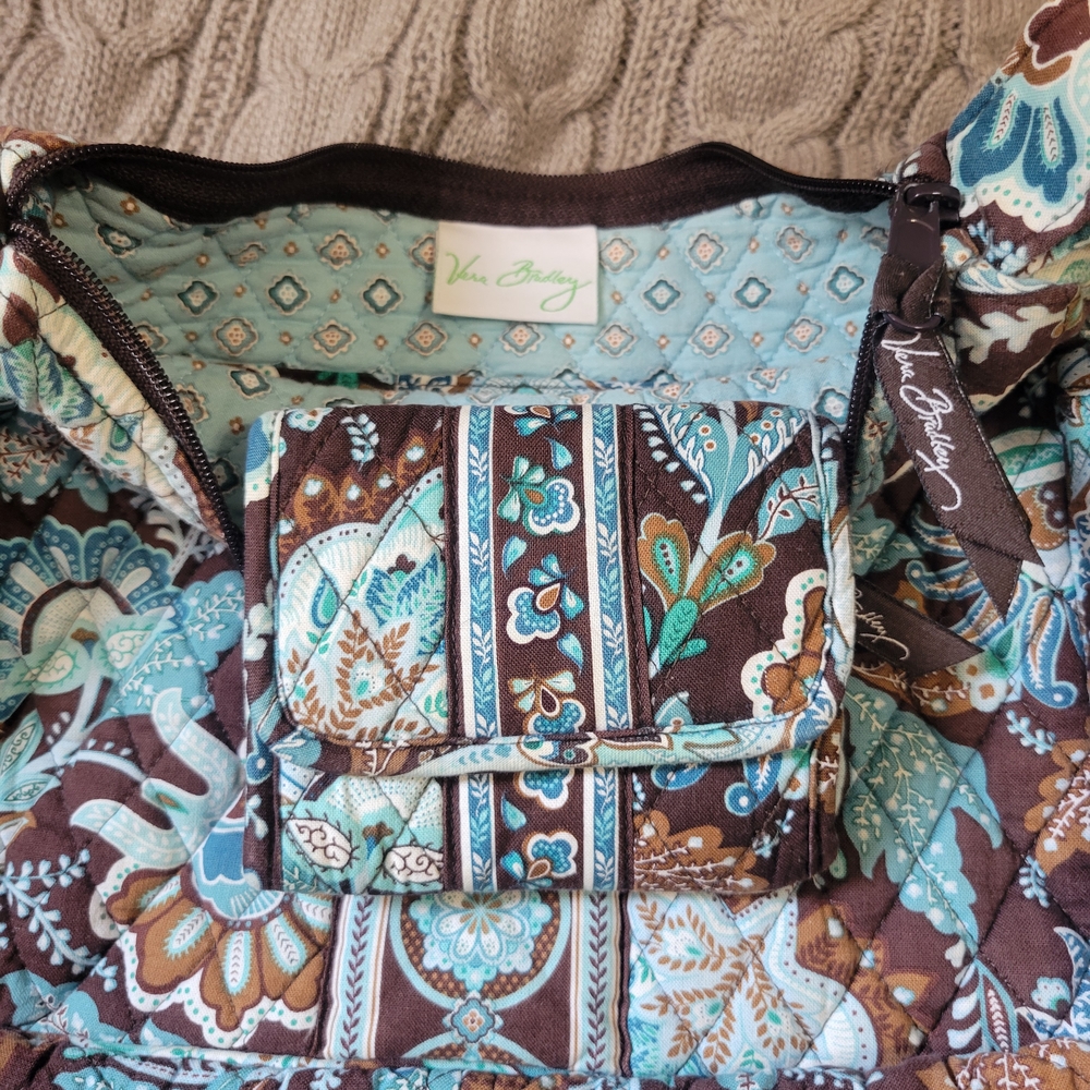 Vera Bradley Floral Brown and Blue Shoulder Bag With Matching Wallet - Picture 2 of 6